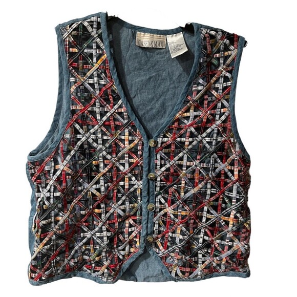Casey & Max Blue Vest Size L Lattice Work Quilt Cotton Plaid Denim Hipster boho - Picture 1 of 6